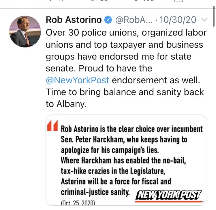 Hard to overstate extent to which NY State’s GOP anchored its legislative campaigns on the endorsement of police unions & on aggressive messaging against state Dems’ bail reform. These are Astorino’s final 2 tweets before Election Day.He lost, they lost. Dems solidified power.