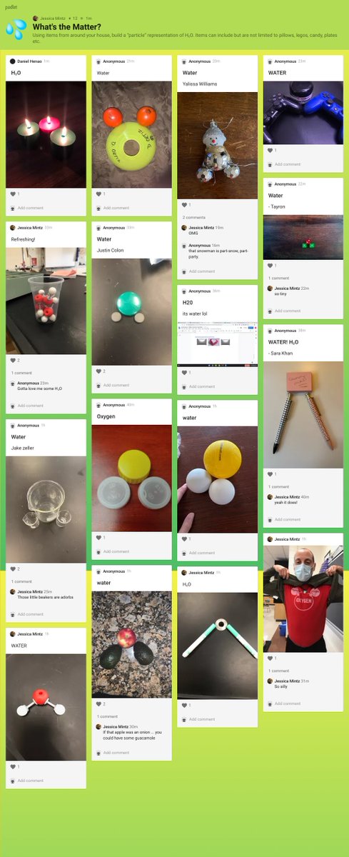 DrJMintz's tweet photo. Ss @BayShoreHS created their own "particle" representation of Water &amp; presented on @padlet https://t.co/YSCaJedcuw