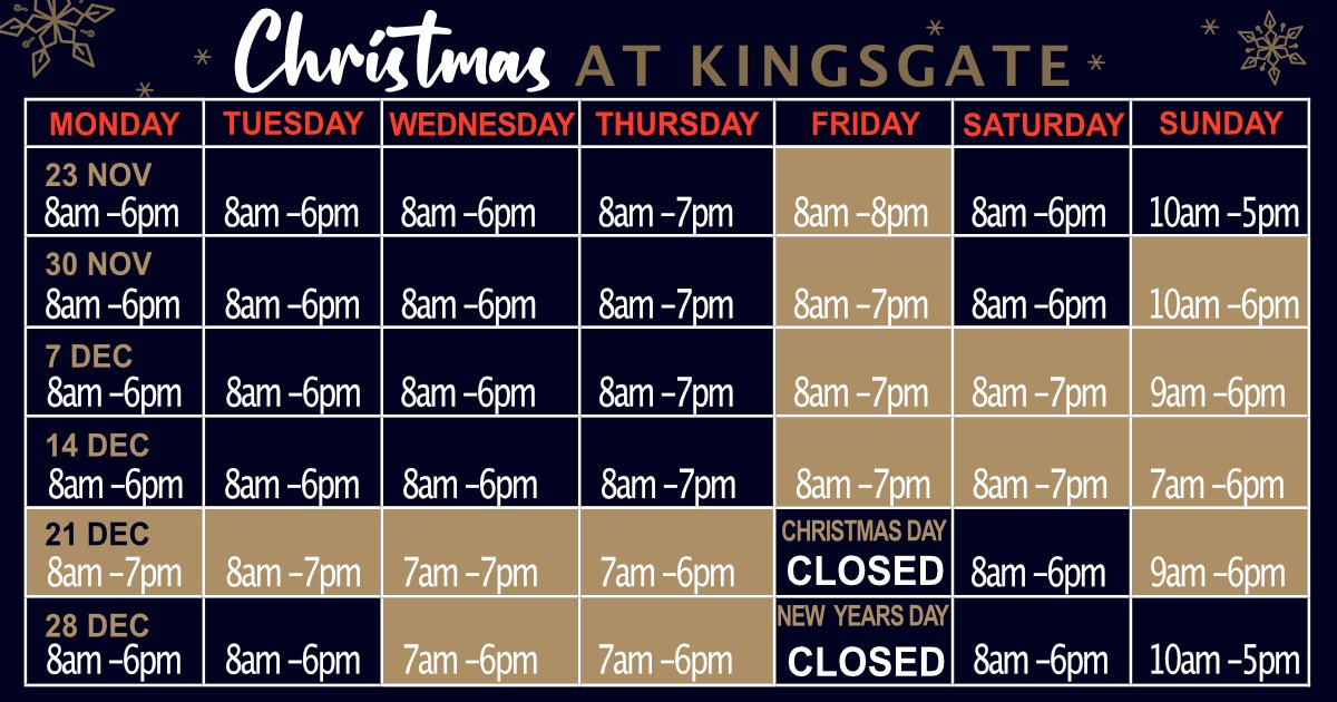 Open 8am-8pm <a href="/KingsgateCentre/">Kingsgate Centre</a> on Friday for #blackFriday shopping! Come &amp; check out the deals on offer from our retailers.
Our Christmas opening hours will also be extended during the festive period. Christmas opening hours <a href="/KingsgateCentre/">Kingsgate Centre</a> are below.
#fife #shopping