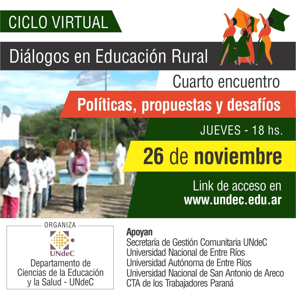 #Conferencias #Virtuales #UNdeC 
Continúa el ciclo virtual “Diálogos en Educación Rural” 
El evento contará con la participación de docentes investigadores de diferentes universidades argentinas y latinoamericanas.

► undec.edu.ar