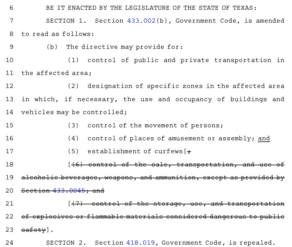 DanielJFriend's tweet photo. NEW: @James_E_White filed #HB629 to remove the governor's powers to regulate alcohol, firearms, etc. under a disaster declaration.
It is identical to @BriscoeCain's #HB340; broader than @ValoreeforTexas's #HB33 that focuses on guns. #txlege
Bill: https://t.co/vUyXROk3WC https://t.co/yGnre0VYF9