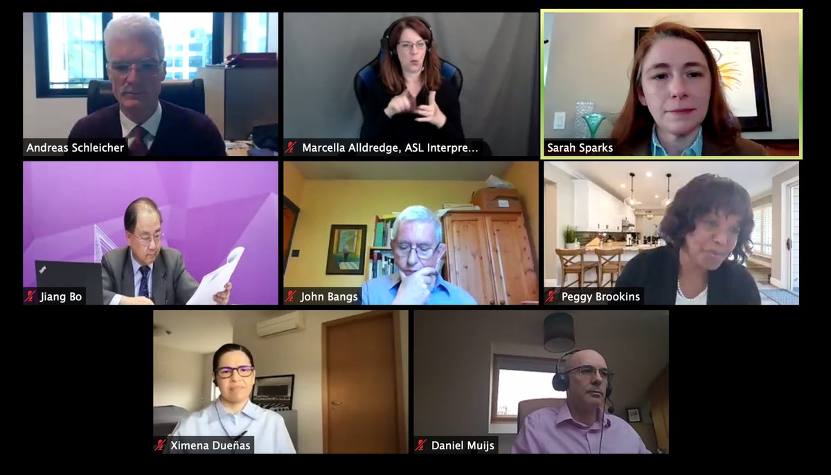 AERA_EdResearch's tweet photo. .@SarahDSparks moderates a panel discussion. Panelists include @johnbangs (Education International), Jiang Bo (Tongji University), @Pbrookins44 (@NBPTS), Ximena Dueñas (Inter-American Development Bank), and @ProfDanielMuijs (@Ofstednews).#GlobalTeachingInSights #TALISVideoStudy https://t.co/gSUhDm3K8f