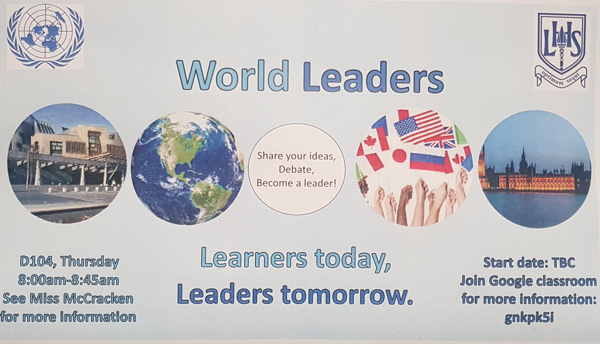❗Calling all S1-S3 pupils <a href="/LarbertHigh/">Larbert High School</a> new skill builder club coming soon❗
Join World Leaders on a Thursday morning in D104 to debate exciting issues that world leaders have faced and share your ideas😆🌍
Start date: TBC 
Please join the google classroom: gnkpk5i for more info