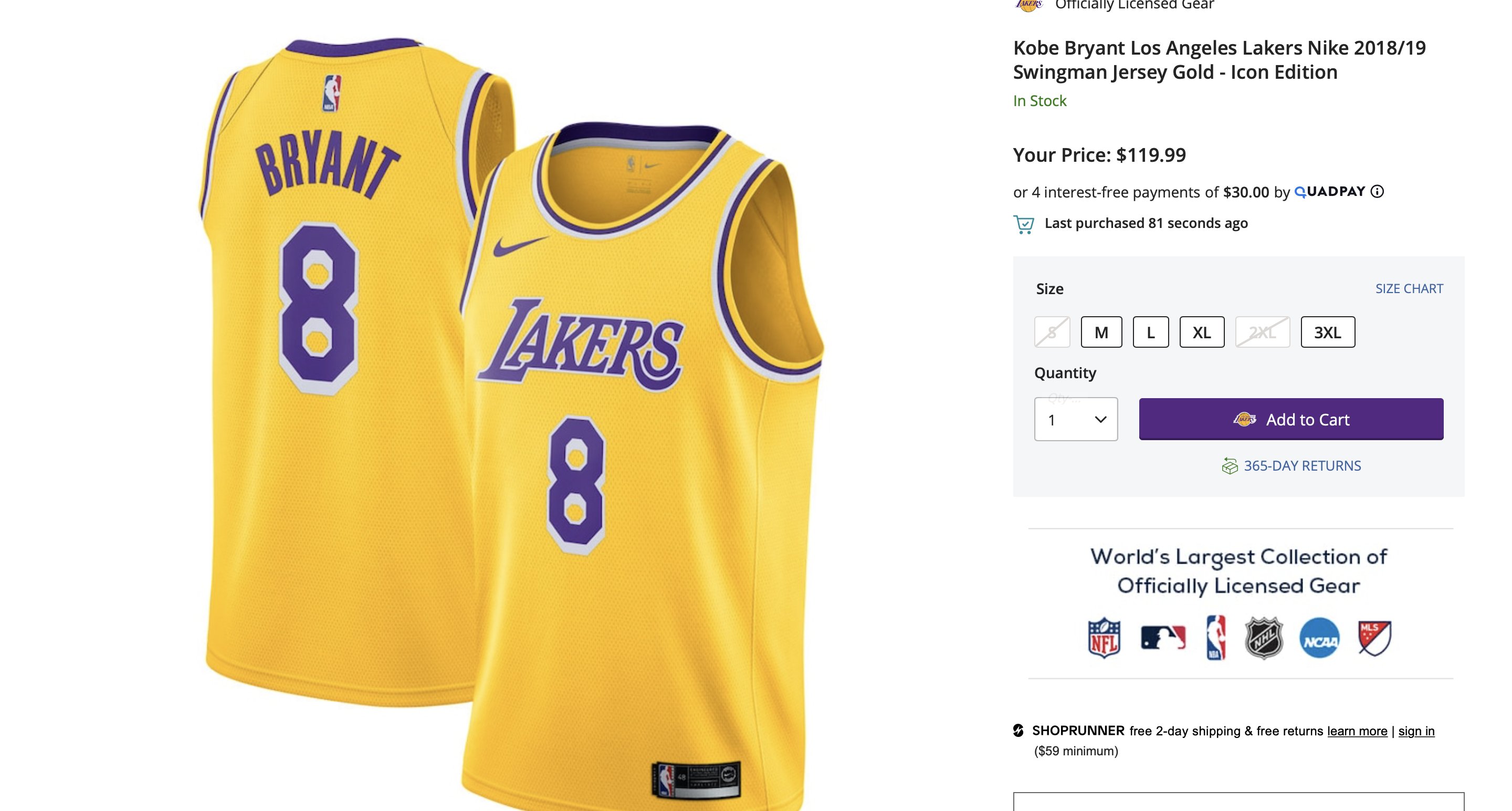 Kobe Bryant Los Angeles Lakers Nike 2018/19 Swingman Jersey Gold - Icon  Edition