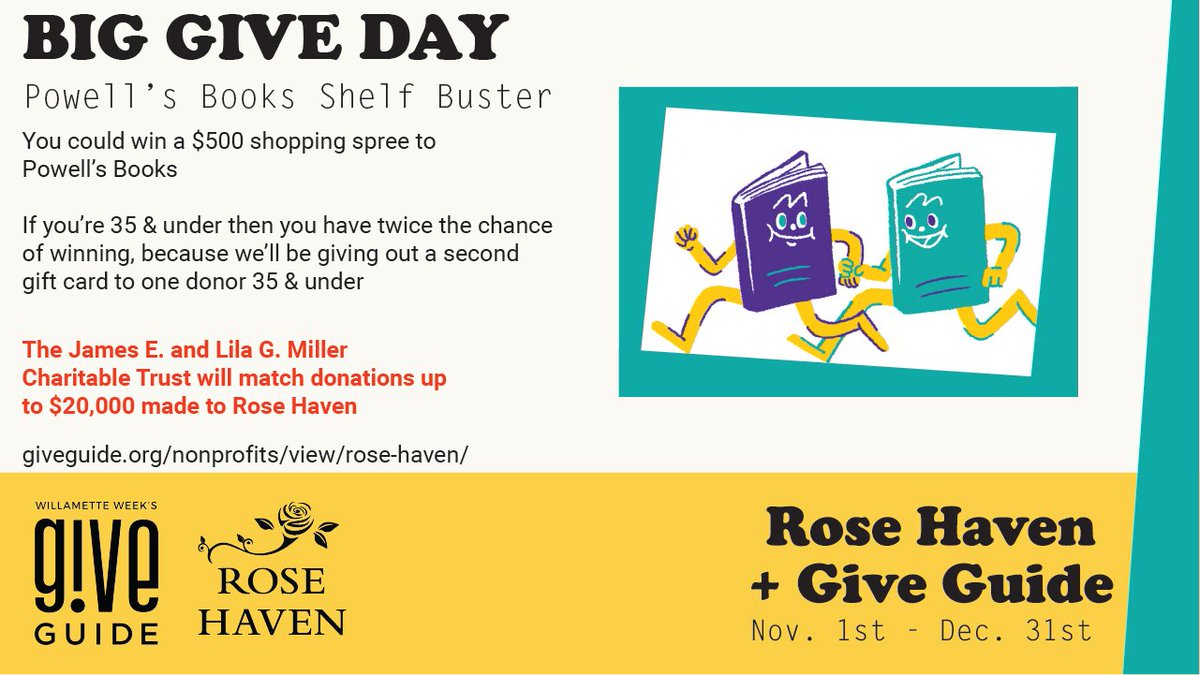 A great way to spend quarantine is with a great book, or maybe even $500 worth of books from Powell’s! This is a shopping spree that you could win if you donate at giveguide.org TODAY 11/24! 📚 To support Rose Haven look under the Human Services category! <a href="/GiveGuide/">Give!Guide</a>
