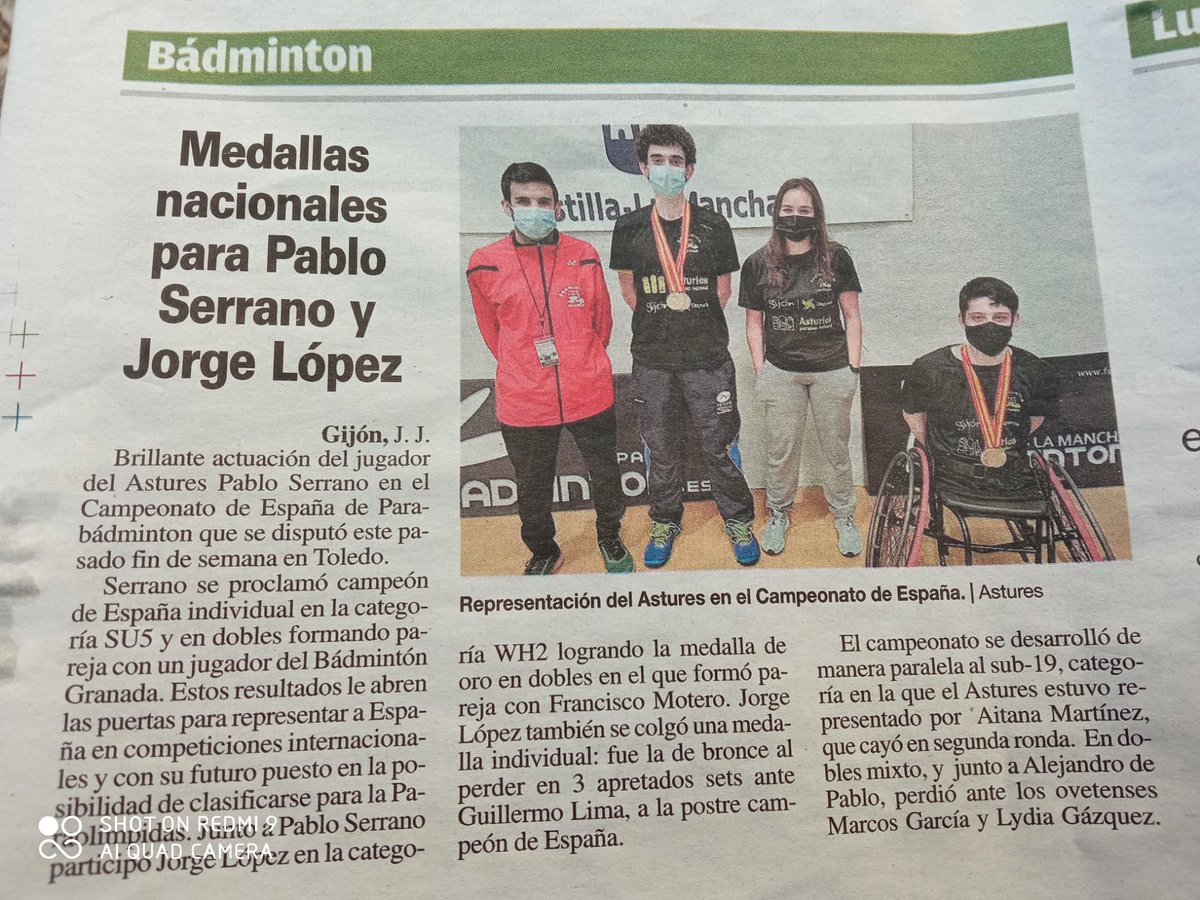 BadAstures's tweet photo. 📝 Hoy en La Nueva España de Gijón nuestrxs chicxs tras el Campeonato de España Sub19 y Parabádminton del pasado fin de semana 🏆
#badmitonastures 
@PDMGijon https://t.co/zmRxVsgOfv