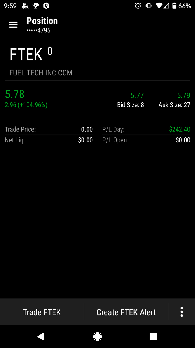 TomLittlebites's tweet image. @ThomasPfister18  @ThePennyPro .  Got in and out of $FTEK this morning for a gain of $242. Lucky to get in and lucky to get out thanks to how slow TOS executions are.