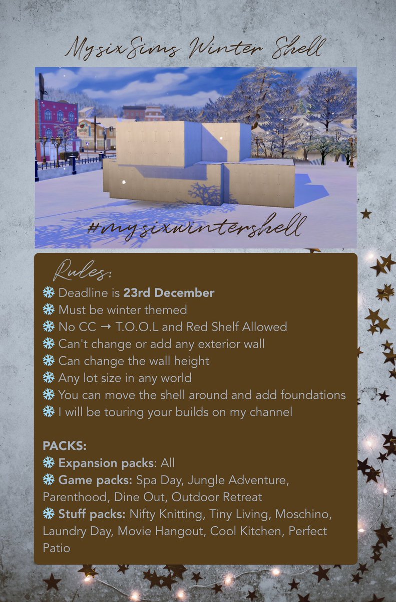 michaelasimsyt's tweet photo. ❄️ SHELL CHALLENGE ❄️

I am going to be hosting a #shellchallenge that is winter themed 🧡 post your entries under #mysixwintershell 

- Rules in the poster below
- Deadline’s 23rd December
I will be touring your entries on my channel afterwards ❤️

Happy simming and have fun ❄️ https://t.co/3gXMYmlvh3
