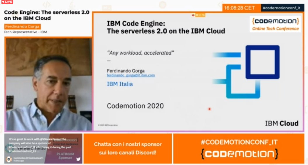 CodemotionIT's tweet photo. "Code Engine: The serverless 2.0 on the IBM Cloud": grazie a @fergor, speaker ora nella track 1, e a @IBMItalia per essere con noi! https://t.co/BRPDB9wijJ