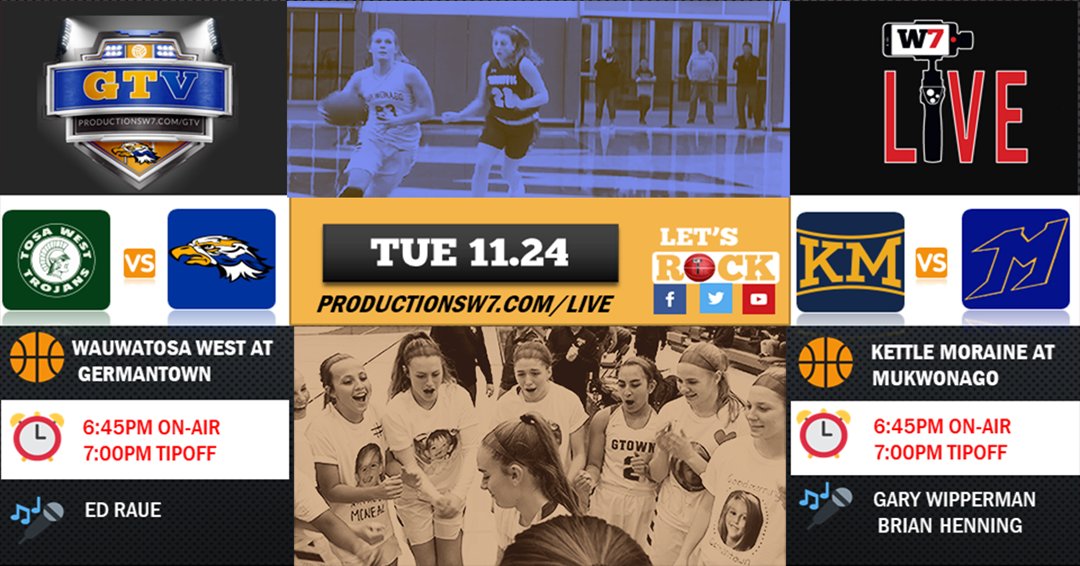 ProductionsW7's tweet photo. It's #W7LiVE GAMEDAY!  We launch our season with 1️⃣9️⃣ games this week!   Tonight...

@TWTrojans 🆚 @GtownGBB 
🎙️ @Edraue and @GavinskiRonald 
AND
@KMGirlsHoops 🆚 @mukgirlsbball 
🎙️ @gwipper and @bhenning34 

6️⃣4️⃣5️⃣ https://t.co/1nQUk6irm0 https://t.co/zSn0FzC4m1
