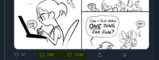 If you're ever wondering why your art isn't performing well on social media, know that it's about 10% skill and 90% luck/algorithm/timing/platform/goddess intervention? 

Below are two examples of how well my comics were received on twitter vs tumblr. 130k notes vs 10 likes!? 