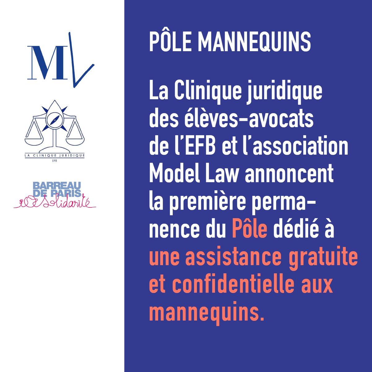 CliniqueEFB's tweet photo. LANCEMENT DU PÔLE MANNEQUINS 
👉permanences juridiques spécialisées dans les problématiques liées aux activités de mannequinat ; 
👉en partenariat avec @model_law et @BSolidarite
 
Prendre RDV : https://t.co/qNeQoavobO https://t.co/xoGFVJ6krj