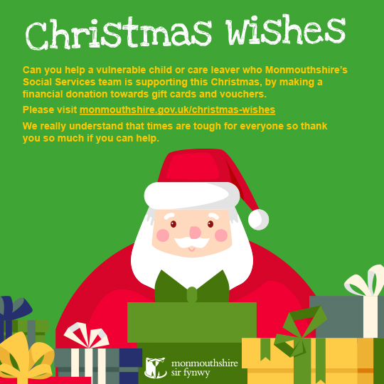 MonmouthshireCC's tweet photo. Can you help a vulnerable child or care leaver who Monmouthshire’s team is supporting this Christmas by making a very small donation towards gift cards and vouchers?

Please visit: https://t.co/Ugq2K0DDpB https://t.co/LfHn3QHIeU