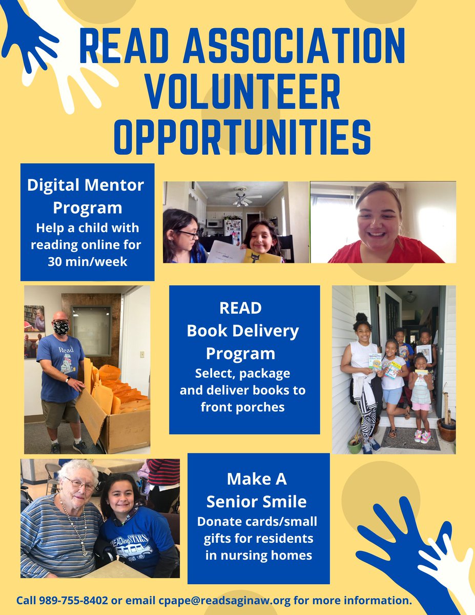 SaginawISD's tweet photo. .@READSaginaw Volunteer Opportunities >>>Digital Mentor Program, Book Delivery Program, Make a Senior Smile... see below on how to get involved 👇👇👇 #SaginawISD #ReadSaginaw #SaginawCounty #Literacy #ReadEarlyReadOften https://t.co/zslrHfvU3D