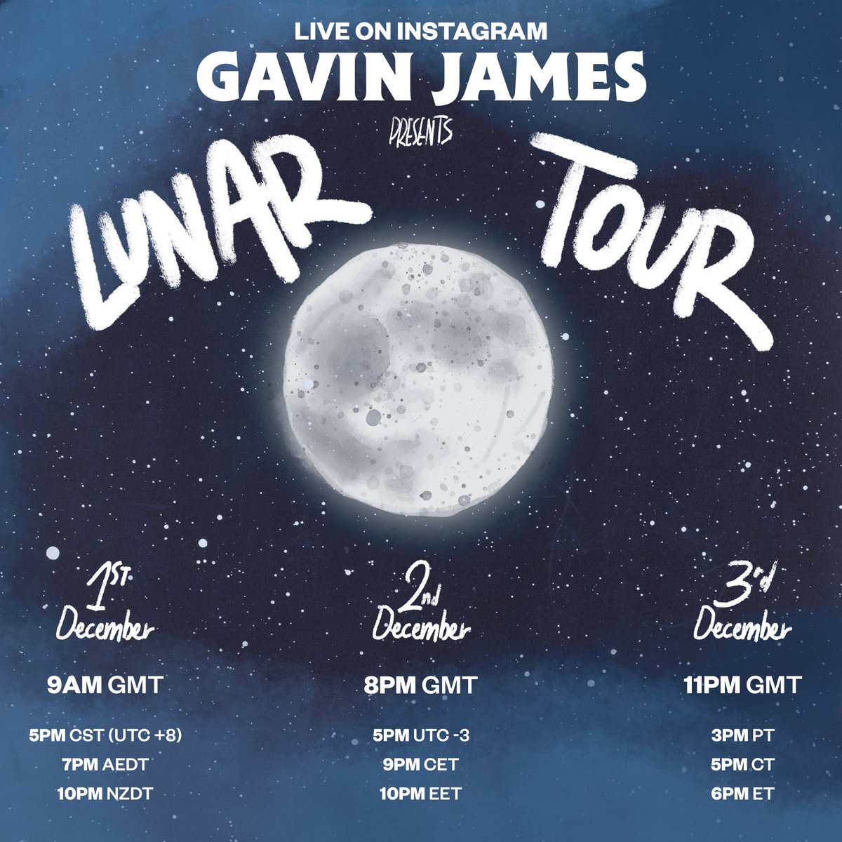 gavinjames's tweet photo. I’m doing a WORLD TOUR!!! 

....

Kind of 😆

Leading up to the release of man on the moon I’ll be doing 3 live stream gigs on Instagram. Join when the moon is out for you 🌑👩‍🚀 https://t.co/MTQ5WyElER