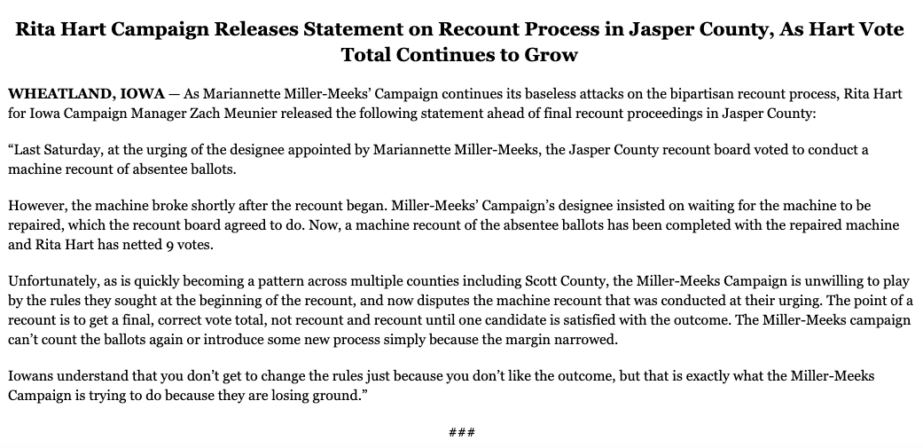 RileyKilburg's tweet photo. As the @millermeeks campaign continues its desperate attacks on the bipartisan recount process, our campaign issued the following statement ahead of final recount proceedings in Jasper County. #IA02 https://t.co/2oaGruRpMt