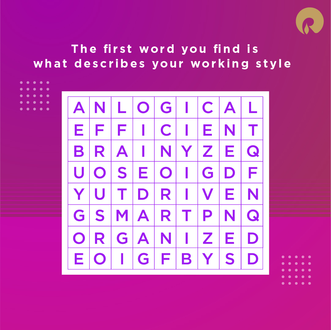RILCampus's tweet photo. Words,Words,everywhere! How many of them can you find and whichever word you find first will tell you what's your working personality. Challenge yourself and your friends to see the word search and check how many boxes can you tick.
#RIL2020 #RILWayOfLife #WordSearch #WorkLife https://t.co/ToCTwNW90d
