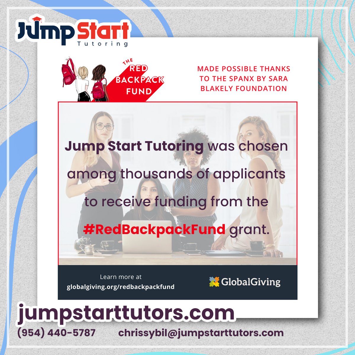 TutorsJumpStart's tweet photo. We’re a proud #RedBackpackFund recipient! Thank you Sara Blakely, @Spanx and @GlobalGiving for supporting women-owned businesses with $5,000 grants. Jump Start was chosen out of thousands of applicants to receive this fund. We can’t wait to put this funding to good use! https://t.co/XNPweQNpan