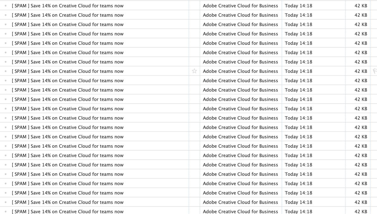 offthewall_ejm's tweet photo. @AdobeCare Thanks Felipe :) I'm not sure it's going to help as I can't seem to find that email setting to disable. Attached is a screenshot of the types of emails I'm getting and a rough idea of the volume! https://t.co/XVpCD3v5W3