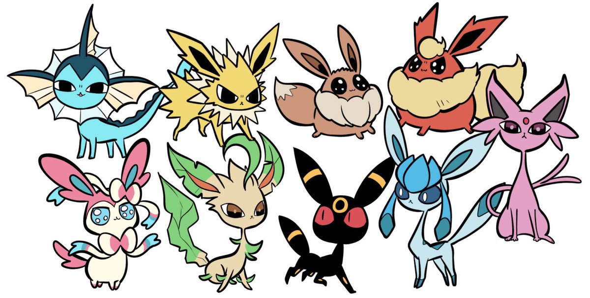 eevee ,espeon ,glaceon ,leafeon ,sylveon ,umbreon ,vaporeon no humans pokemon (creature) white background simple background closed mouth blue eyes brown eyes  illustration images