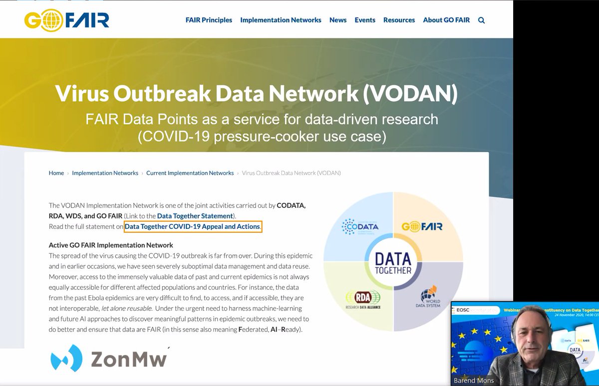 EoscSecretariat's tweet image. Barend Mons at the #DataTogether webinar today:

&quot;The VODAN Implementation Network was endorsed very early by all #Data Together organisations and really helped researchers get funding!&quot; #FAIR #COVID19 #COVID

Find out more about #VODAN here:
➡️go-fair.org/implementation…