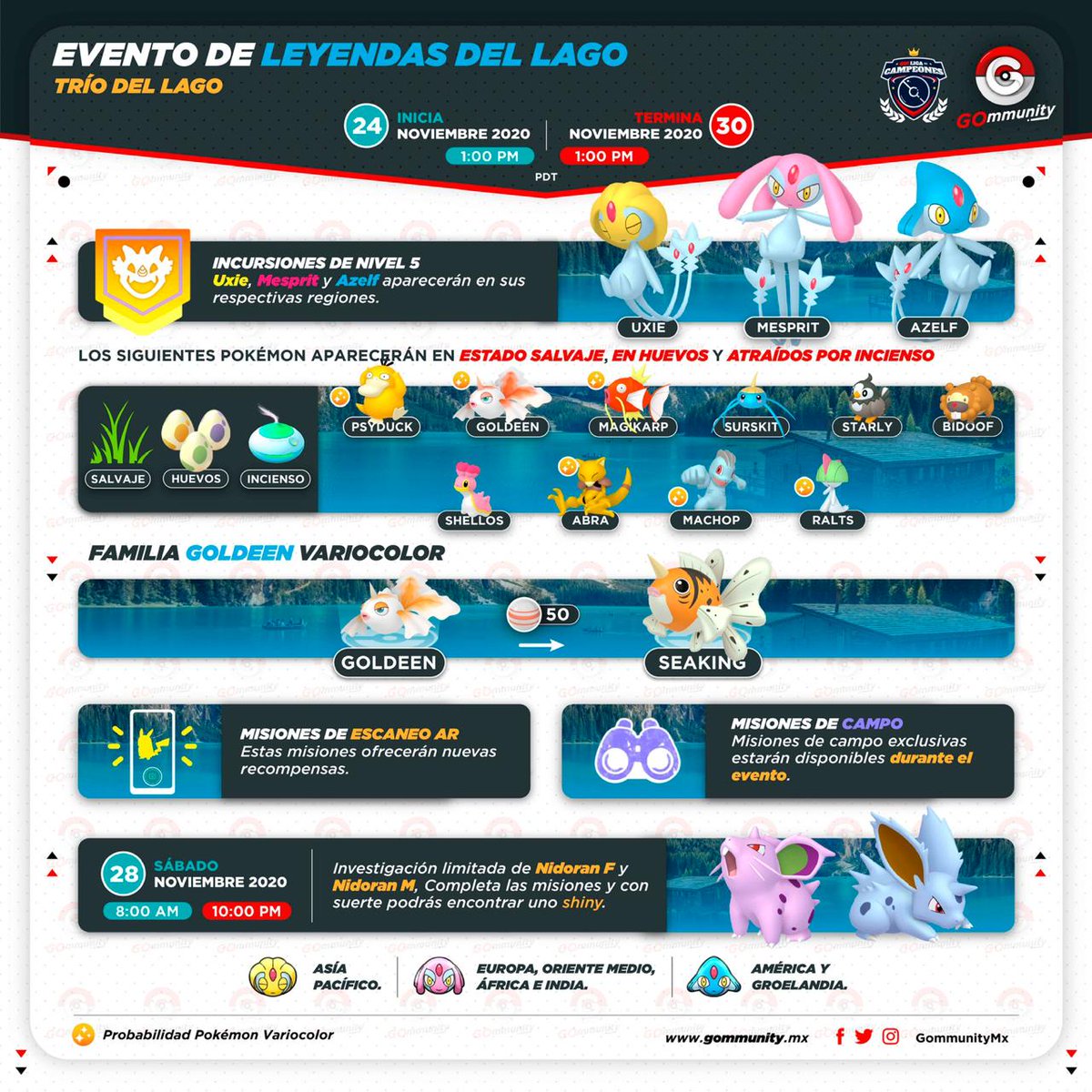 FMPGo_'s tweet photo. Las leyendas del lago nos traen un evento con un nuevo #Pokémon en su forma #Variocolor, checa toda las aventuras que podrán venir y esfuérzate al máximo desde casa con esta infografia que traemos para ti en conjunto con nuestros amigos de @gommunitymx @pogoldc 
#StayAtHome https://t.co/GtANUcEypG