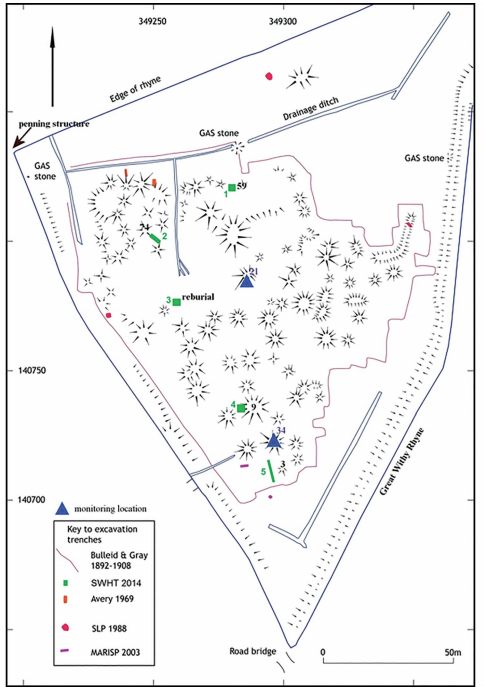On this they built their settlement. Many of these buildings survive as 90 mounds, representing 40 roundhouses and associated structures and unenclosed working areas. 4/: Map of the site