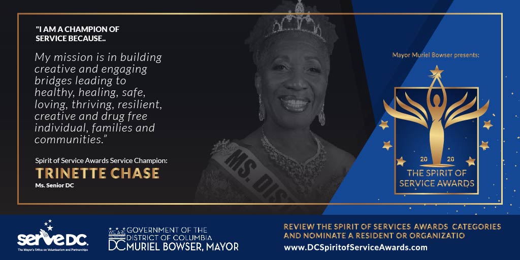 ServeDC's tweet photo. The #DCSpiritOfService Awards Champion Circle embodies our mission and personifies #DCValues.
Meet Spirit of Service Champion Trinette Chase, Miss Senior District of Columbia!
Nominate a leader in your community at https://t.co/0hR7k1O42W! #DoGoodDC https://t.co/80PU06RVKe