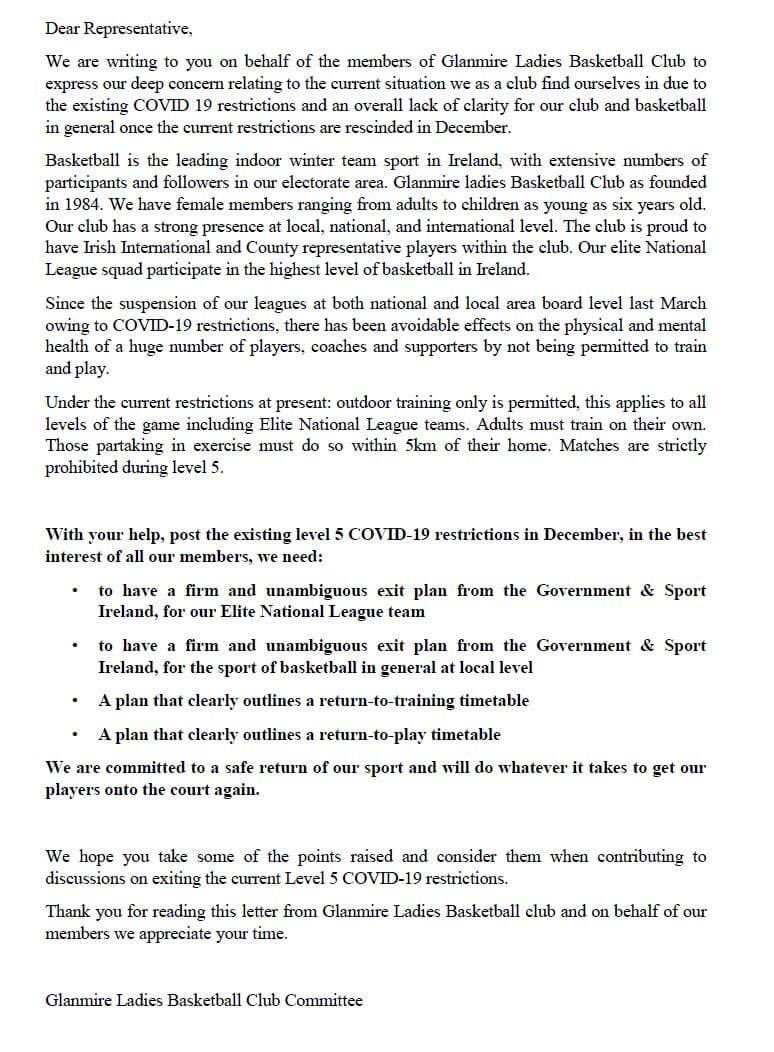 As we await the next update from the Government on restriction levels, we ask all our local representatives to support the <a href="/BballIrl/">Basketball Ireland</a> community in our appeals to provide a clear and unambiguous return-to-training and return-to-play plan for our sport.