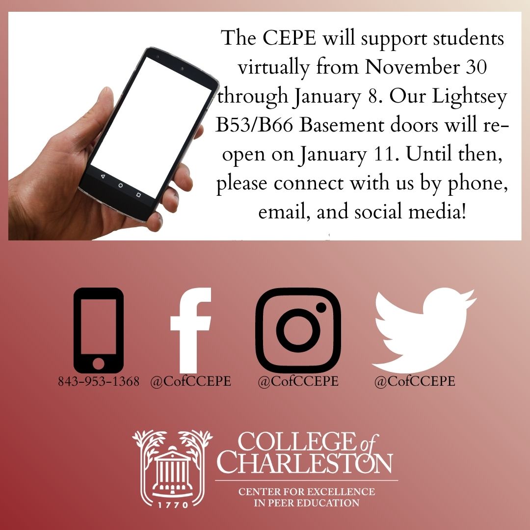 cofccepe's tweet photo. Our peer educators, Page, Jennifer, and Ghadir will support our students virtually from November 30 through January 8. We cannot wait to return to the Lightsey Basement on January 11! #cofccepe #wfh https://t.co/KqnxtRp7pa