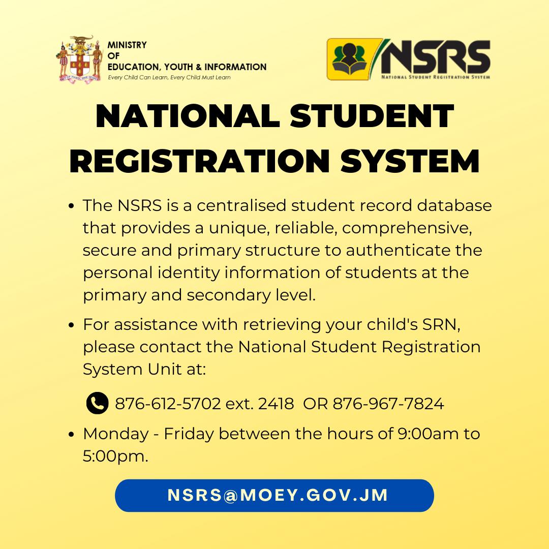 MOEYJamaica's tweet photo. Here is some important information for our parents/caregivers, @JamaicaTeachers and students regarding the #NationalStudentRegistration system and the #StudentRegistrationNumber. Please see the telephone numbers to call for queries and guidance👇 https://t.co/usJDLLCzRB