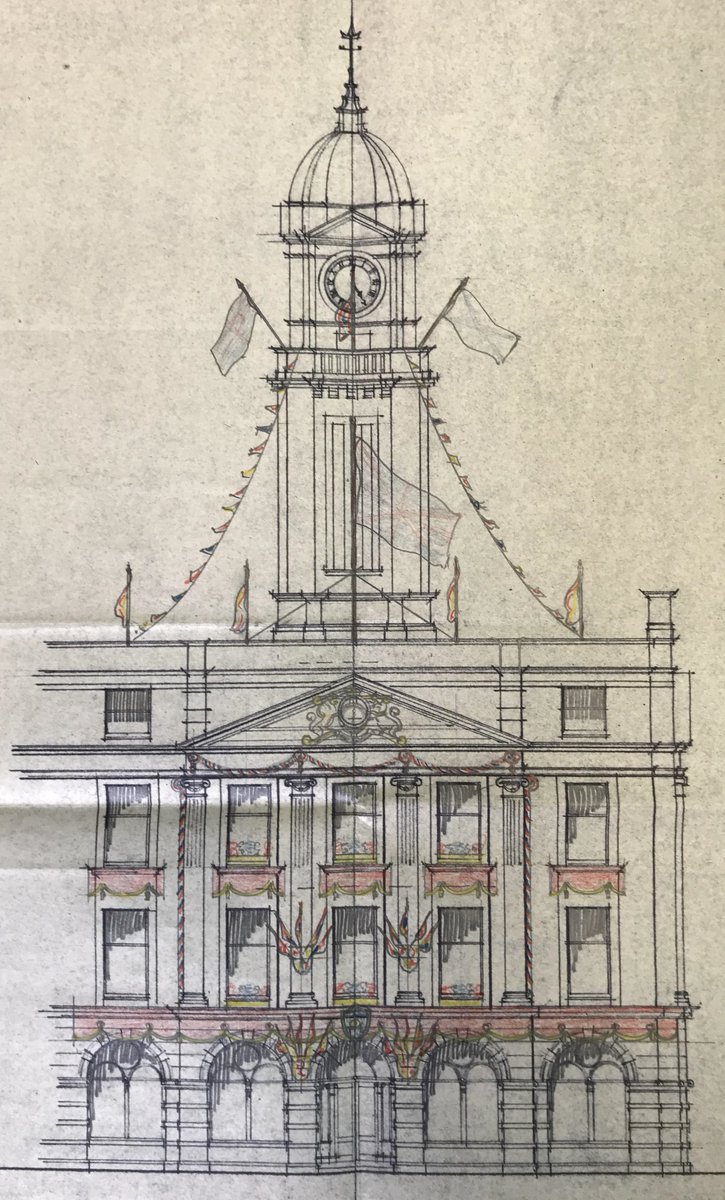 AbdnArtMuseums's tweet photo. For Queen Elizabeth's coronation in June 1953 the Aberdeen Harbour Board building had a makeover. The Harbour Engineer's design cost £82 & included new decorations (£10), six window boxes with flowers (£24) and labour (£40) #ExploreYourArchive #Celebrations #archivetakeover https://t.co/x7uqzLmLES