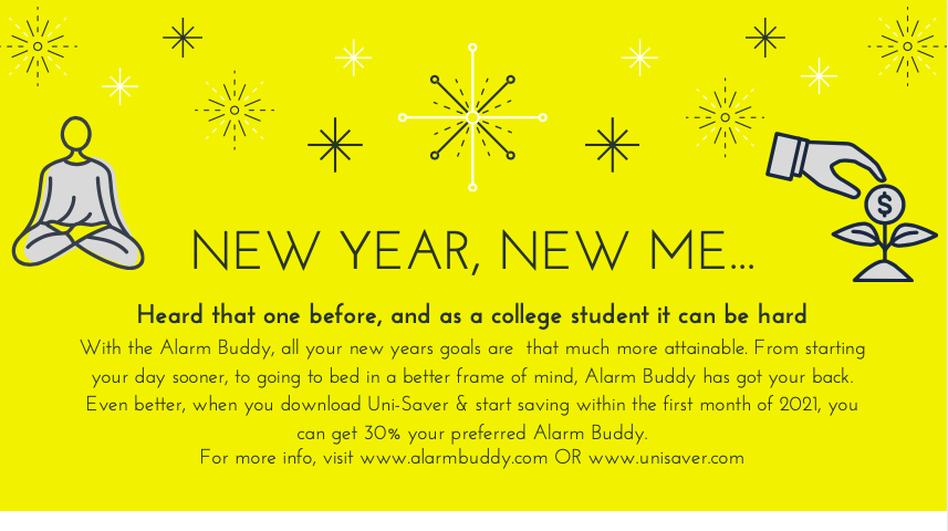saver_uni's tweet photo. Thinking about your New Years resolutions already? I know I am. Luckily, Uni-Saver &amp; @buddy_alarm allow you to do just that. Sign up for Uni-Saver &amp; you'll get an Alarm Buddy at 30% off. Achieve goals like saving money AND being more positive with one click of a button. https://t.co/JZqJnEl4re