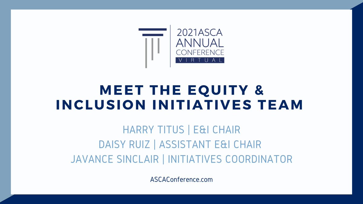 Let us introduce you to the Equity &amp; Inclusion Initiatives Team for the 2021 ASCA Annual Conference!!! 

Connect⬇️
Daisy Ruiz
IG: @daisyflower_007
Email: daisyruiz9474@gmail.com 

Javance Sinclair
Twitter: <a href="/j/">j</a>.sinclairII
Email: sinclairj3@nku.edu 

#ASCA21isVirtual #ASCAOffice