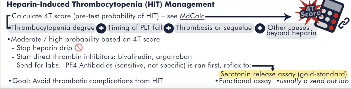 in SUM:1) HIT complexes both activate *and* deplete platelets (thrombocytopenia)2) Use the 4-T score to assess for HIT3) If >=4 heparin products, start non-heparin anticoagulation (not warfarin!), & send labs4) Have a low threshold to look for thrombotic complications