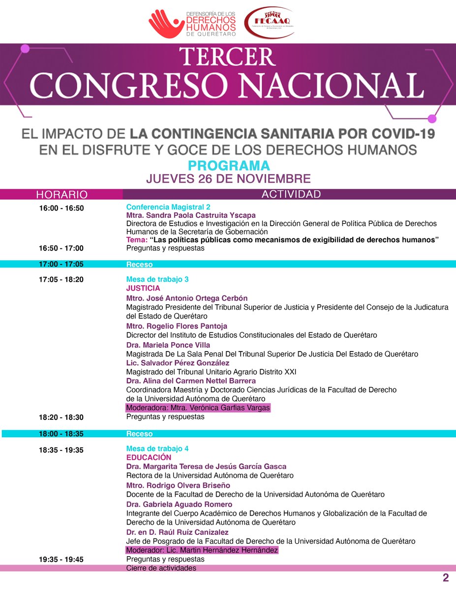 DDHQRO's tweet photo. ¡CONOCE! El programa de actividades del TERCER CONGRESO NACIONAL, "El impacto de la contingencia sanitaria por Covid-19 en el disfrute y goce de los derechos humanos".

Invitan DDHQ y @FECAAQ.
🗓️25, 26 y 27 de noviembre.
💻Vía Youtube y Facebook.
@MigrantesUEC @FrenteQueretano https://t.co/XYUrmt1ycR