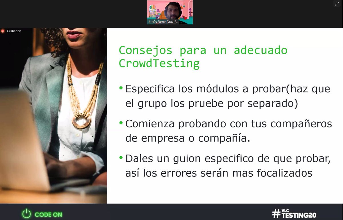 del1771's tweet image. Escuchando consejos para un adecuado #CrowdTesting en ##VLCTesting20 Con Jesús Díaz Flores e interactuando #CODEON @ITI_TIC