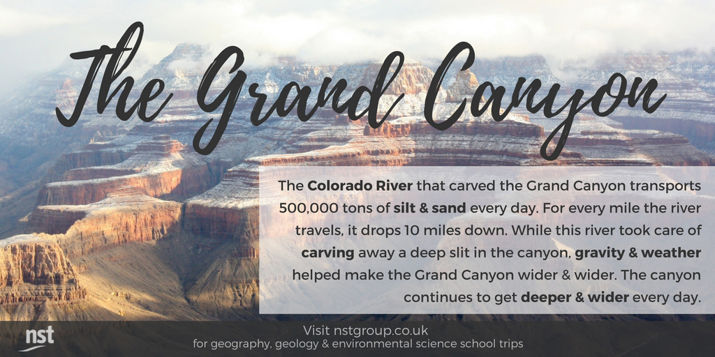 NSTGeography's tweet photo. The #GrandCanyon is 277 miles long, 18 miles wide at its widest & over a mile deep but how did the canyon get so grand? Do your #geography students think it will get any deeper or wider? #reflectivequestion #TuesdayThoughts #geographyteacher https://t.co/u2WI6m4cxD