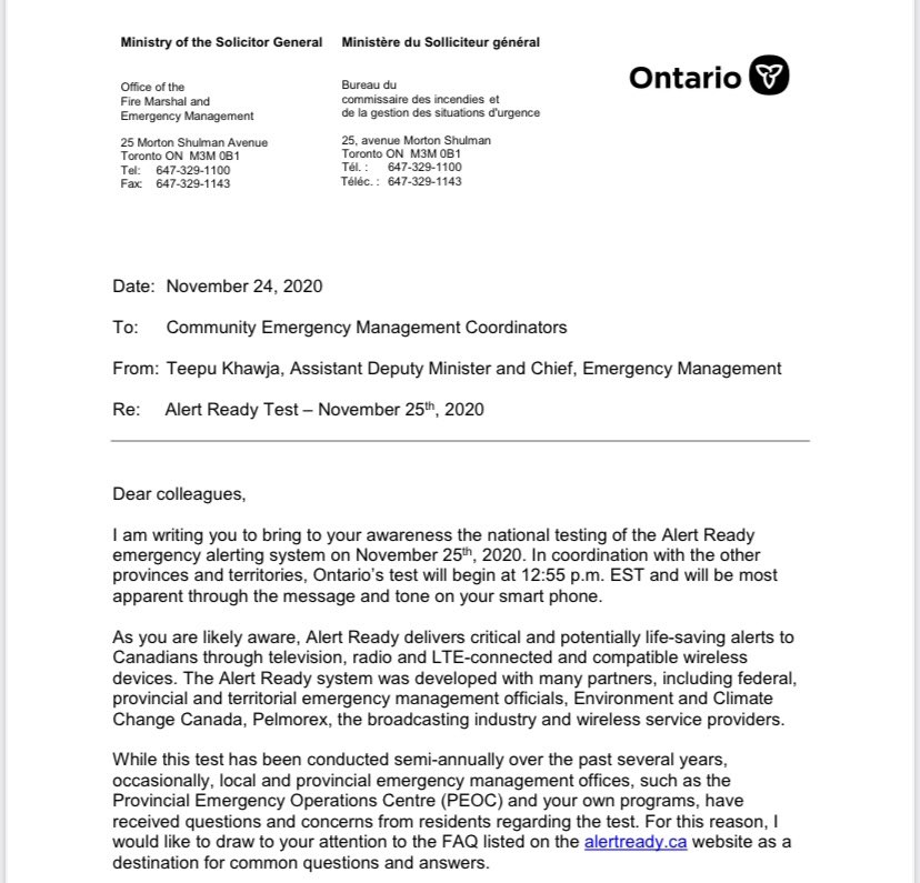 Danmathieson's tweet image. The city has been notified that there will be a test of the Alert Ready system tomorrow, Nov 25/20 at 12:55 p.m. (details below). I wanted to advise you so you don’t get caught off guard when your cell phone goes off with its test notification. ⁦@cityofstratford⁩