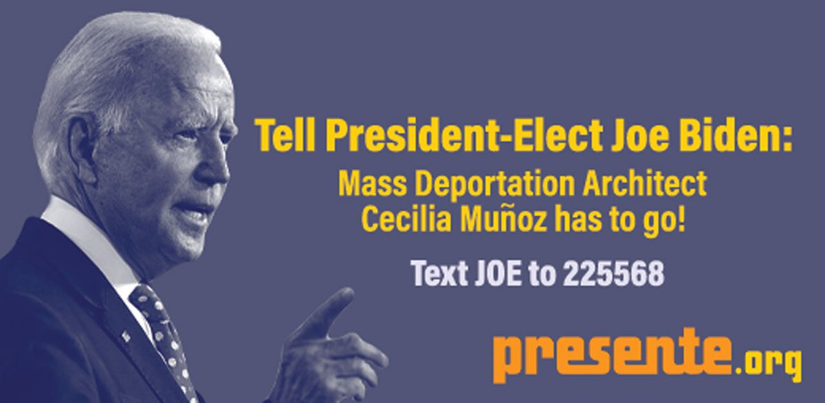 PresenteOrg's tweet photo. It’s our job to continue pushing leaders to lead and hold them accountable when they fail us. 

Tell President-Elect 
@JoeBiden @Transition46 to rescind the appointment of #CeciliaMuñoz from his transition team immediately. https://t.co/p74vei2lEv

#NoStatusQuoJoe https://t.co/y6WbUNdMgv