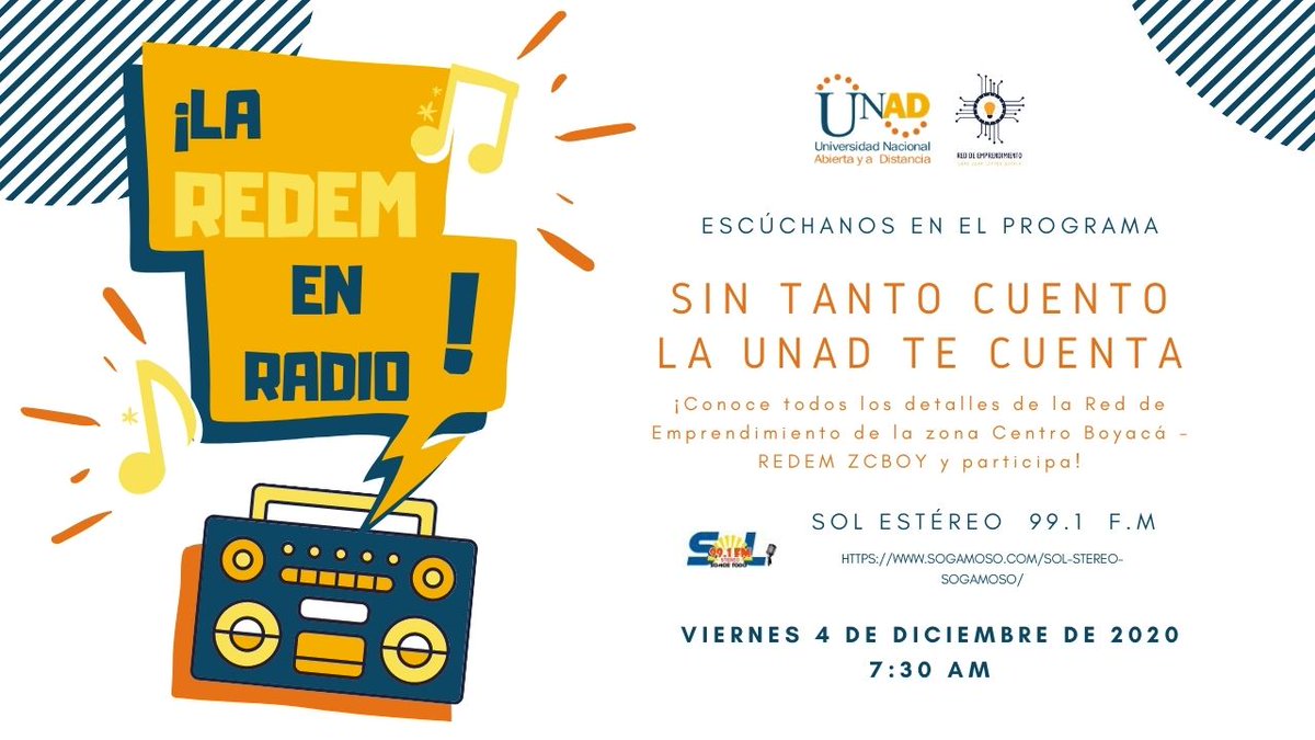 redemzcboy's tweet photo. ¡Escúchanos el próximo 4 de Diciembre! #LaREDEMenRadio

Estaremos en el programa "Sin tanto cuento la UNAD te cuenta" de @emisolst 99.1 FM de #Sogamoso  a partir de las 7:30 am

¡Te esperamos!

@SISSU_UNAD @ecacenzoboyaca @UNADSogamoso #ElOIRdelasRegiones @SISSUUNAD_ZCBOY https://t.co/MPXFxe3Y41