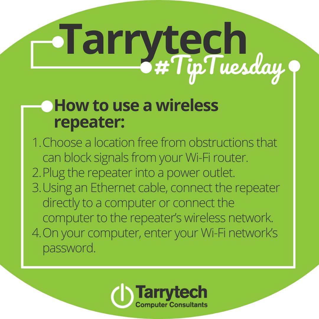 Tarrytech's tweet image. It&apos;s #TarrytechTipTuesday! Wireless repeaters extend the limited reach that Wi-Fi routers tend to have. They receive a signal from a router and rebroadcast it as a new network. This enables your signal to be transmitted over long distances or to the other side of obstructions.