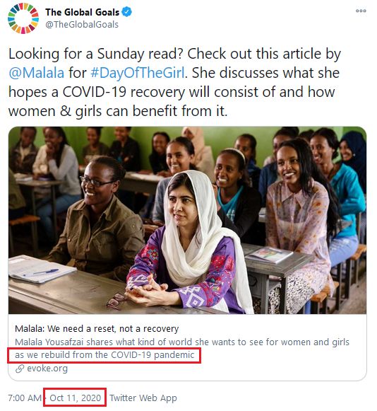 Malala for 'Evoke - a community of optimists hosted by Melinda #Gates': 'We Need a Reset...'

Global Goals (#SDGs) must be understood as #EmergingMarkets. They are overseen by the World Economic Forum which officially partnered w/ #UN on June 13, 2019. 

#ESG #SocialImpactBonds