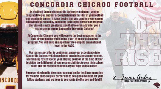 Bless to announce I have received an offer to continue my athletic and academic career at Concordia University Chicago. Thanks <a href="/CUCFBFamily/">CUC Football</a> for this amazing opportunity! @DaveYanak <a href="/CoachPerrone/">Coach Perrone (My Recruits)</a> <a href="/coachaubry/">Coach Aubry</a> <a href="/QBCoachPeterson/">Mark Peterson</a> <a href="/CoachSeveCUC/">Seve Loubriel</a> @CoachC_Watkins
