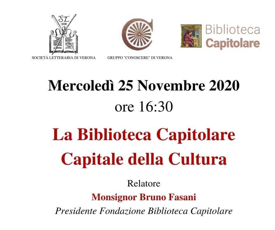 CapitolareVr's tweet photo. Mercoledì 25  novembre, ore 16:30, Monsignor Bruno Fasani racconterà la storia ed i tesori della Biblioteca in un evento online realizzato da Conoscere Verona in collaborazione con la Società Letteraria di Verona!
Seguite la diretta qui
https://t.co/L9bSPBVGEY https://t.co/Ss7RPYTZbr