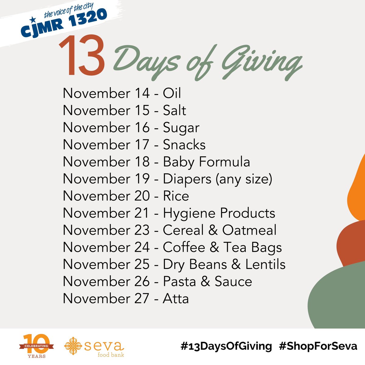 SevaFoodBank's tweet photo. Help us collect our 13 most needed items over the next 13 days!
On Day 10 of our CJMR 1320 Guru Nanak Gurpurab Food Drive, our most needed item is Coffee & Tea Bags.
#13DaysOfGiving #ShopForSeva https://t.co/5iAjOb3mMR