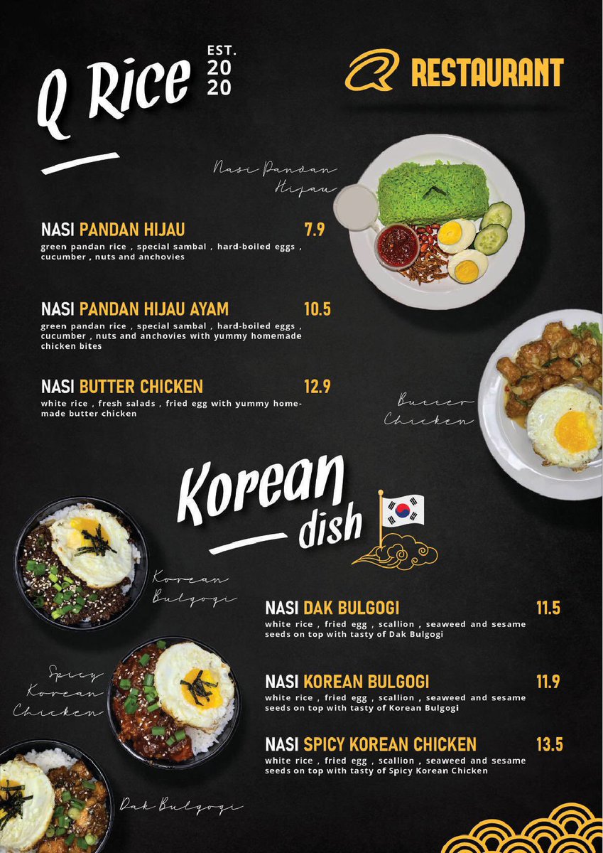 qcafemelaka's tweet photo. GOOD NEWS!! OUR NEW MENU IS OFFICIALLY OUT NOW!! 📣🤩 NEW MENU, NEW FOOD TO SATISFY YOUR TASTE BUDS😋 

We now have variety of rice yeayy! 😎 And for our chingu who love korean food, this is for you😉 Definitely gonna give the korean vibes to you 🇰🇷😏 Cuba dulu baru tau!! 🤟🏼 https://t.co/cHYtx6udJh