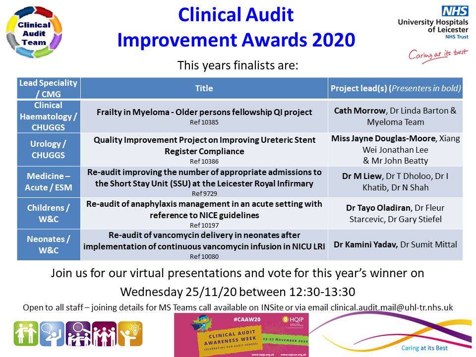 Looking forward to <a href="/Leic_hospital/">Leicester's Hospitals</a> annual #clinicalaudit improvement awards tomorrow as part of our #CAAW20 celebrations 🏆

All 5 presentations look excellent - #teamUHL to decide on winner.

All staff welcome. MS teams link below. Pls share / retweet

insite.xuhl-tr.nhs.uk/homepage/clini…