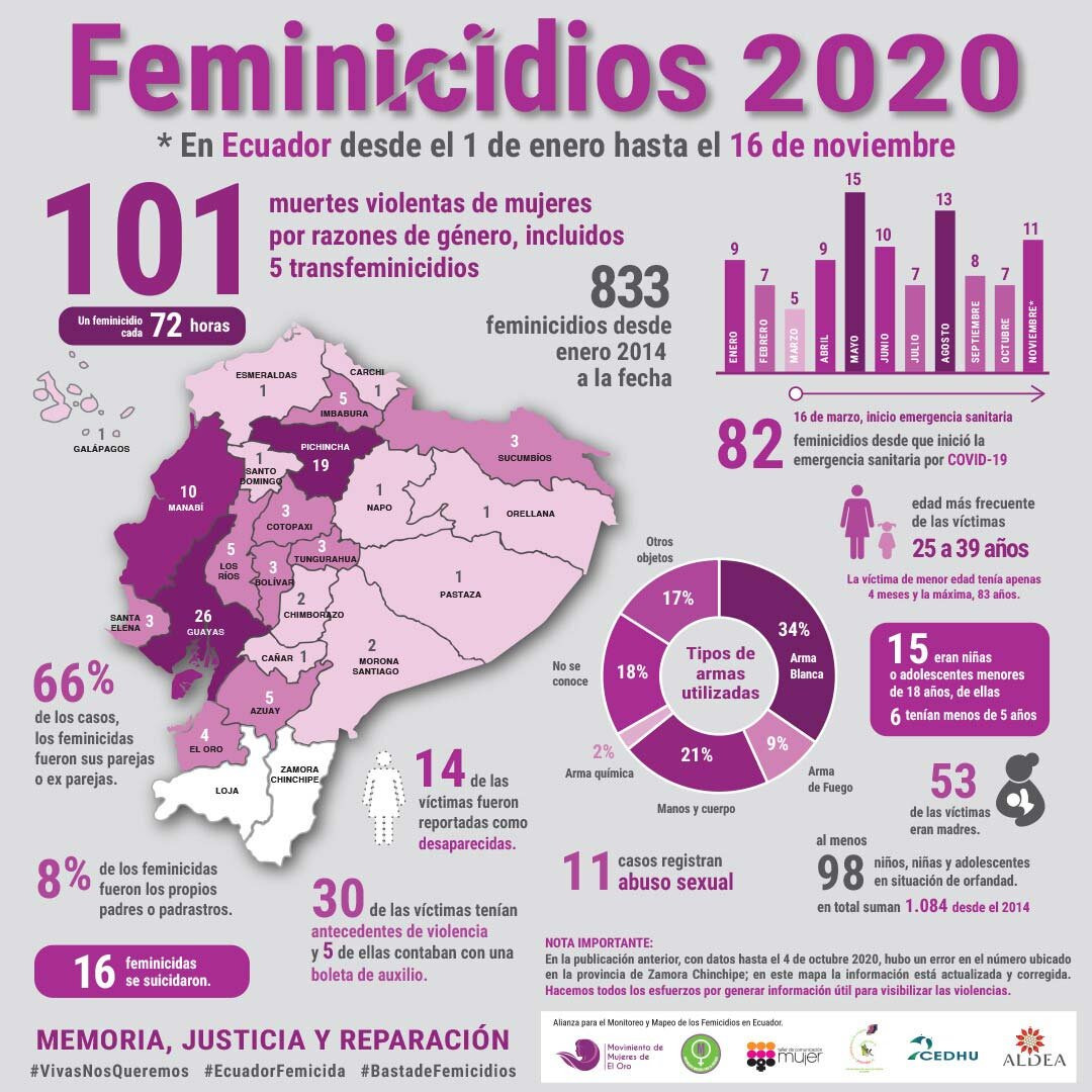 #Ecuador 101 femicidios hasta el 16 de noviembre de 2020. 👉El 66% de los casos, los femicidas fueron sus parejas o ex parejas. 
👉98 niñas, niños y adolescentes en situación de orfandad.