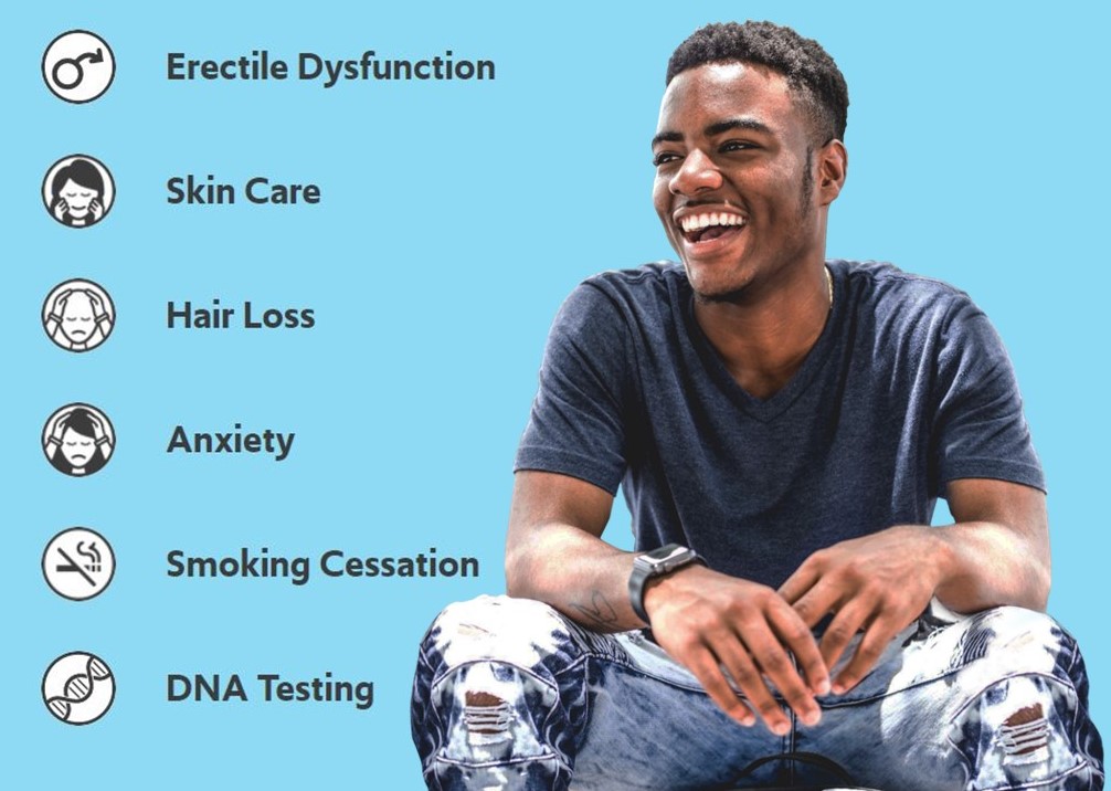 PhysnPromise's tweet photo. What do we cover? Glad you asked. For men we offer services and products for ED, Skin Care, Hair Loss, Anxiety, Smoking Cessation, and DNA Testing!

#promisemore #digitalhealth #ed #skincare #hairloss #anxiety #quitsmoking #dnatesting #erectiledysfunction #menshealth #startup https://t.co/mA4POTySIU